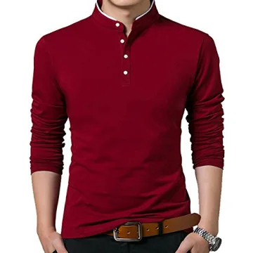 Men's Slim Fit Long Sleeve Polo Shirt Wine Red Cotton Spandex
