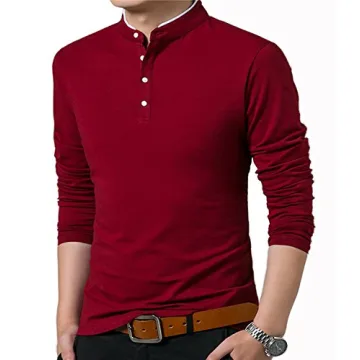 Men's Slim Fit Long Sleeve Polo Shirt Wine Red Cotton Spandex