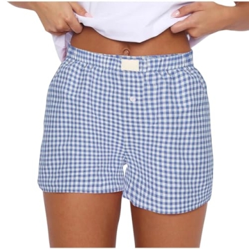 Womens Shorts Casual Summer 2025 Elastic Waist Plaid Boxer Shorts Trendy Cute Beach Comfy Shorts 5 I...
