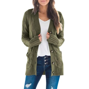 MEROKEETY Women's 2024 Fall Long Sleeve Cable Knit Sweater Cardigan - Cozy, Open Front Design with P...