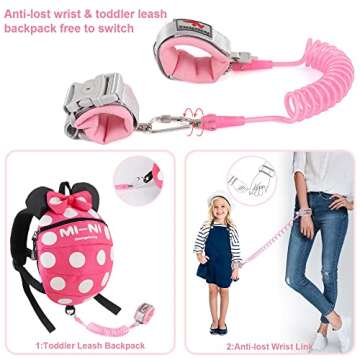 4 in 1 Toddler Harness Leash + Baby Anti Lost Wrist Link, Cute Child Safety Harness Tether, Child Walking Harness Wristband Assistant Strap Belt for Baby Girls(Rose Red)