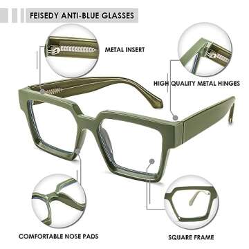 FEISEDY Oversized Blue Light Glasses for Women Men TR90 Retro Square Anti Eyestrain Glasses Rectangle Fashion Frame B0037