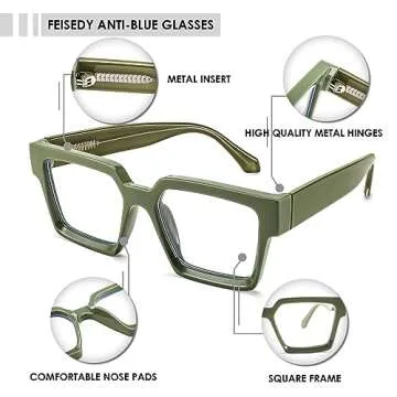 FEISEDY Oversized Blue Light Glasses for Women Men TR90 Retro Square Anti Eyestrain Glasses Rectangle Fashion Frame B0037