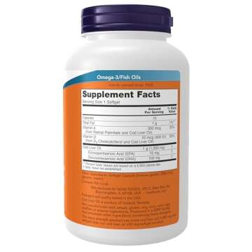 NOW Foods Supplements, Cod Liver Oil, Extra Strength 1,000 mg with Vitamins A & D-3, EPA, DHA, 180 S...