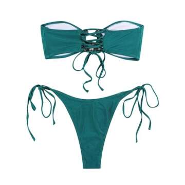 ZAFUL Women's Bandeau Bikini Shiny Metal Ring Decor Lace Up Tied Side High Cut Strapless Swimsuit(1-A-Green,M)