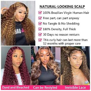 bangjazz 30 Inch Deep Wave Lace Front Wigs Human Hair 180% Density Highlight Ombre 13x4 Lace Frontal Wigs Human Hair HD Lace P4/27 Wigs for Black Women Human Hair Pre Plucked Curly Lace Front Wig