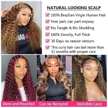bangjazz 30 Inch Deep Wave Lace Front Wigs Human Hair 180% Density Highlight Ombre 13x4 Lace Frontal Wigs Human Hair HD Lace P4/27 Wigs for Black Women Human Hair Pre Plucked Curly Lace Front Wig