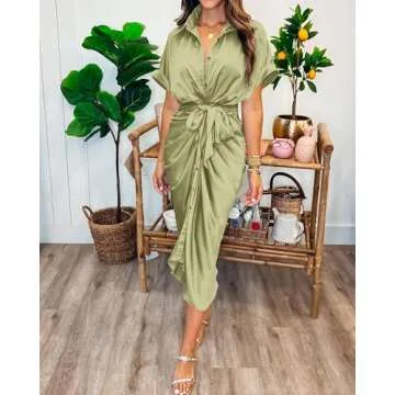 BTFBM 2025 Women Button Down Ruched Shirt Dresses Short Sleeve Lapel V Neck Elegant Party Spring Summer Maxi Satin Dress(Short Sleeve Light Green, Small)