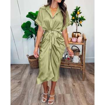 BTFBM 2025 Women Button Down Ruched Shirt Dresses Short Sleeve Lapel V Neck Elegant Party Spring Summer Maxi Satin Dress(Short Sleeve Light Green, Small)