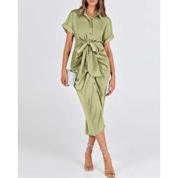 BTFBM 2025 Women Button Down Ruched Shirt Dresses Short Sleeve Lapel V Neck Elegant Party Spring Summer Maxi Satin Dress(Short Sleeve Light Green, Small)