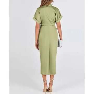 BTFBM 2025 Women Button Down Ruched Shirt Dresses Short Sleeve Lapel V Neck Elegant Party Spring Summer Maxi Satin Dress(Short Sleeve Light Green, Small)