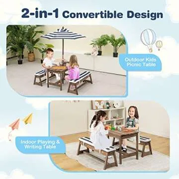 HONEY JOY Kids Picnic Table, Outdoor Wooden Table & Bench Set w/Removable Cushions and Umbrella, Str...