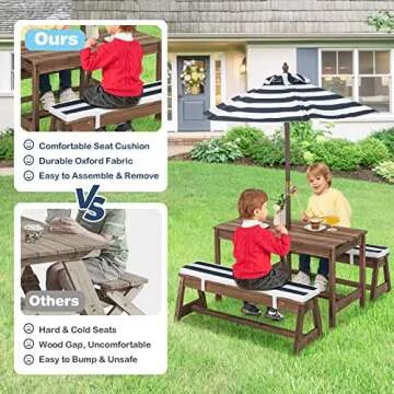 HONEY JOY Kids Picnic Table with Cushions & Umbrella