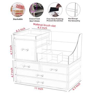 Cq acrylic 2 Pack Clear Make up Organizer Countertop,Stackable 5 Drawers Makeup Storage,Cute Vanity ...