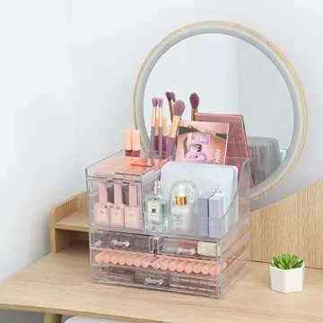 Cq acrylic 2 Pack Clear Make up Organizer Countertop,Stackable 5 Drawers Makeup Storage,Cute Vanity Organizers for dresser Hair Clip,Jewelry,Beauty Product Desk and Bathroom Organizers and Storage