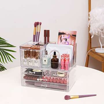 Cq acrylic 2 Pack Clear Make up Organizer Countertop,Stackable 5 Drawers Makeup Storage,Cute Vanity Organizers for dresser Hair Clip,Jewelry,Beauty Product Desk and Bathroom Organizers and Storage