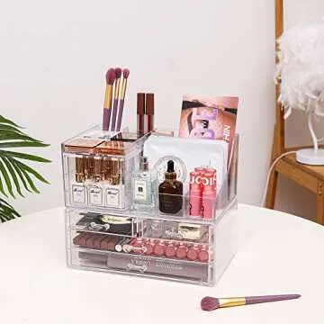 Cq acrylic 2 Pack Clear Make up Organizer Countertop,Stackable 5 Drawers Makeup Storage,Cute Vanity Organizers for dresser Hair Clip,Jewelry,Beauty Product Desk and Bathroom Organizers and Storage