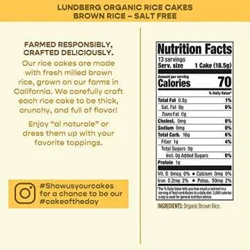 Lundberg Organic Brown Rice Cakes, Salt-Free, Gluten-Free, Vegan, Healthy Snacks, 8.5 Ounce (Pack of 6)