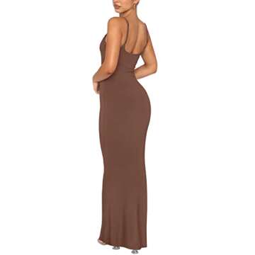 REORIA Women's Sexy Casual Lounge Slip Long Dress Elegant Wedding Guest Sleeveless Backless Ribbed Bodycon Maxi Dresses Coffee Large