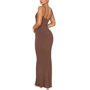REORIA Women's Sexy Casual Lounge Slip Long Dress Elegant Wedding Guest Sleeveless Backless Ribbed Bodycon Maxi Dresses Coffee Large