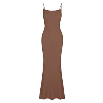 REORIA Women's Sexy Casual Lounge Slip Long Dress Elegant Wedding Guest Sleeveless Backless Ribbed Bodycon Maxi Dresses Coffee Large