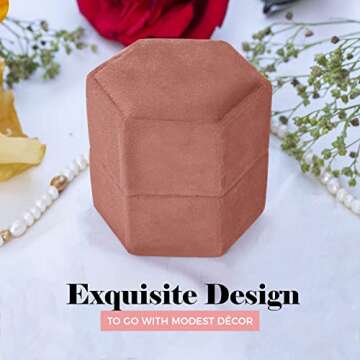 NIMSIN Premium Velvet Ring Box for Wedding Ceremony | Elegant & Cute Wedding Ring Box w/Detachable Lid | Ideal For Photoshoots, Proposal, Engagement & Wedding Events | Hexagon Double Ring Box (Peach)