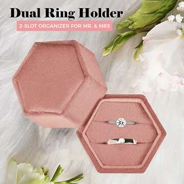NIMSIN Premium Velvet Ring Box for Wedding Ceremony | Elegant & Cute Wedding Ring Box w/Detachable Lid | Ideal For Photoshoots, Proposal, Engagement & Wedding Events | Hexagon Double Ring Box (Peach)