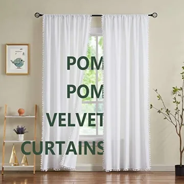Stylish Treatmentex Pom-Pom White Velvet Curtains 84"