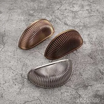 Alzassbg 5 Pack Antique Brass Cabinet Cup Pulls, 3 Inch(76mm) Hole Centers Cabinet Handles Hardware Shell Bin Cup Drawer Pulls Handles AL3033AE