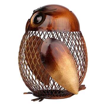 Tooarts Owl Shaped Metal Coin Bank Box Handwork Crafting Art