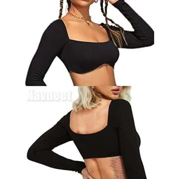Navneet Women Long Sleeve Crop Tops Going Out Top Ribbed Corset Tops Square Neck Club Party Fall Tee Shirts Black S