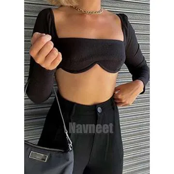Navneet Women Long Sleeve Crop Tops Going Out Top Ribbed Corset Tops Square Neck Club Party Fall Tee Shirts Black S