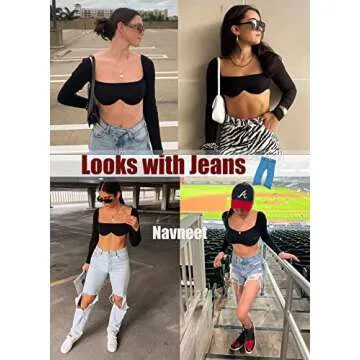 Navneet Women Long Sleeve Crop Tops Going Out Top Ribbed Corset Tops Square Neck Club Party Fall Tee Shirts Black S