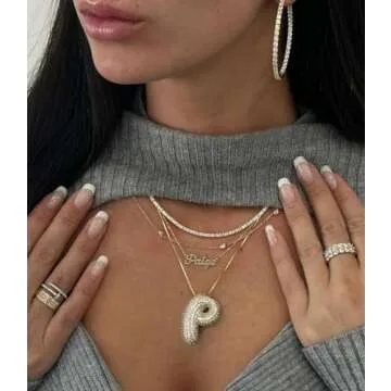 AGGRAD Balloon Bubble Letter Necklace Silver Initial Diamond Pendant Chain Necklace Dainty Pave Fashion Jewelry Gift for Women Teen - B