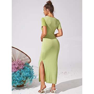 WDIRARA Women's Sexy Cut Out Keyhole Front Dress Split Side Hem Colorblock Short Sleeve Bodycon Casu...