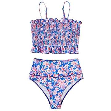 RXRXCOCO Womens Shirred Bandeau Bikini Cute Two Piece Swimsuit Off Shoulder High Waist Bathing Suit Blue Floral Print-3 Small