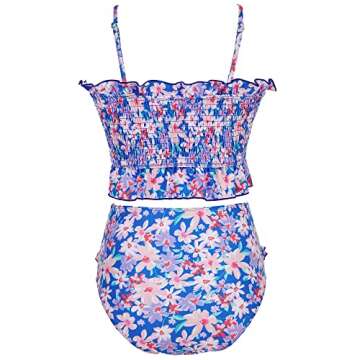 RXRXCOCO Womens Shirred Bandeau Bikini Cute Two Piece Swimsuit Off Shoulder High Waist Bathing Suit Blue Floral Print-3 Small