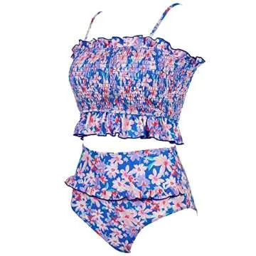 RXRXCOCO Womens Shirred Bandeau Bikini Cute Two Piece Swimsuit Off Shoulder High Waist Bathing Suit Blue Floral Print-3 Small