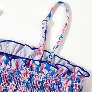 RXRXCOCO Womens Shirred Bandeau Bikini Cute Two Piece Swimsuit Off Shoulder High Waist Bathing Suit Blue Floral Print-3 Small