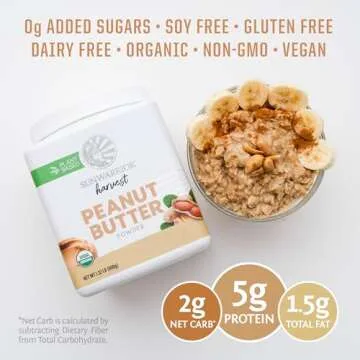 Peanut Butter Powder | All Natural Peanut Butter Powder Reduced Fat No Sugar Added Low Calories Low Fat Non GMO Soy Free Gluten Free Peanut Flour | 600g tub (50 Servings) Organic Harvest by Sunwarrior