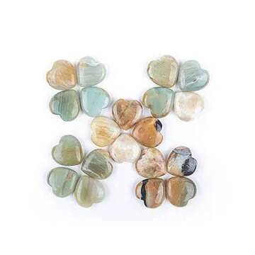 JIC Gem Set of 20 pcs 30mm Amazonite Healing Crystal Fluorite Heart Stones Love Carved Palm Worry Stone Energy Yoga and Decoration