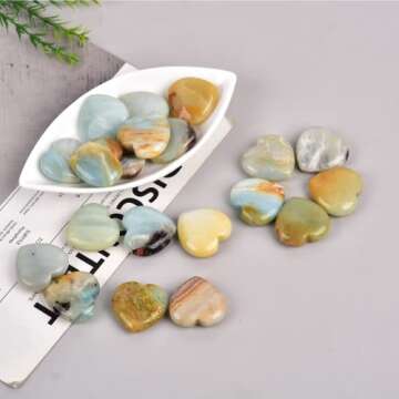 JIC Gem Set of 20 pcs 30mm Amazonite Healing Crystal Fluorite Heart Stones Love Carved Palm Worry Stone Energy Yoga and Decoration
