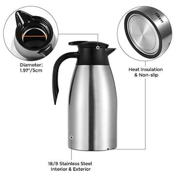 Tiken 68 Oz Thermal Coffee Carafe, Stainless Steel Insulated Vacuum Coffee Carafes For Keeping Hot, 2 Liter Beverage Dispenser (Silver)
