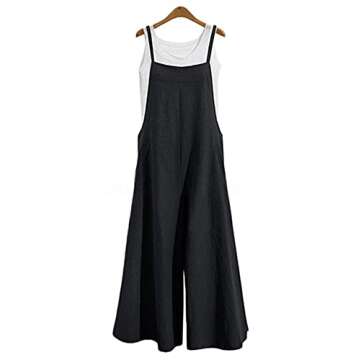 YESNO Women Casual Loose Long Bib Pants Wide Leg Jumpsuits Baggy Cotton Rompers Overalls with Pockets (S PZZTYP2 Black)