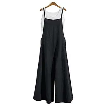 YESNO Women Casual Loose Long Bib Pants Wide Leg Jumpsuits Baggy Cotton Rompers Overalls with Pockets (S PZZTYP2 Black)