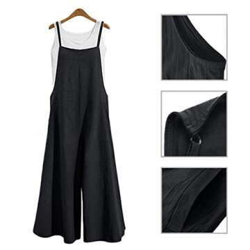 YESNO Women Casual Loose Long Bib Pants Wide Leg Jumpsuits Baggy Cotton Rompers Overalls with Pockets (S PZZTYP2 Black)