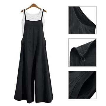 YESNO Women Casual Loose Long Bib Pants Wide Leg Jumpsuits Baggy Cotton Rompers Overalls with Pockets (S PZZTYP2 Black)