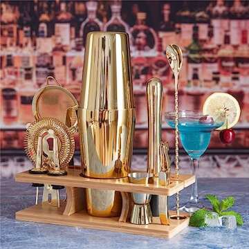 AUOXIOUYM 11-Pcs Cocktail Shaker Set Gold,Bartending Kit Stainless Steel Shakers 25oz Bar Kits for B...