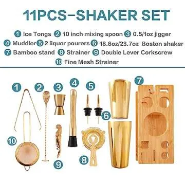 AUOXIOUYM 11-Pcs Cocktail Shaker Set Gold,Bartending Kit Stainless Steel Shakers 25oz Bar Kits for Bartender Mixing Set Barware Tool Sets for Professional Bartender and Home