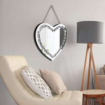 DMDFIRST Crystal Crush Diamond Heart Shaped Silver Mirror with Silver Stainless Steel Chain for Wall Decoration 12x12x0.5 inch Wall Hang Frameless, Glass, Glam Mirror